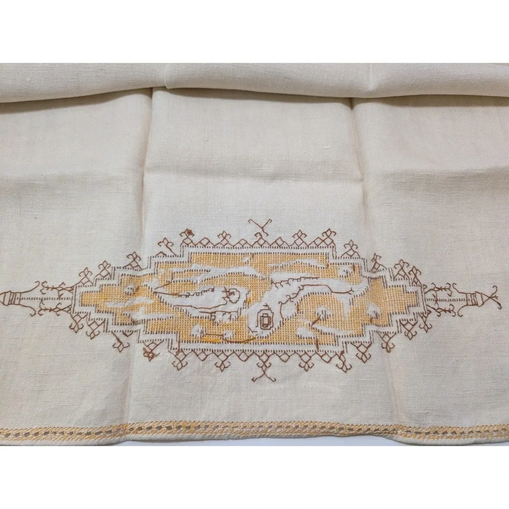Vtg Linen‎ Hand Towel Cross Stitch Embroidery Yellow Brown Geometric 25x16 MCM